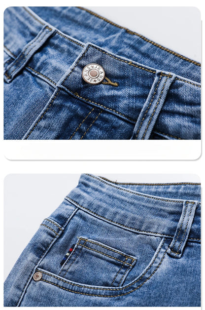 Spring Summer Thin Slim Fit Jeans Mens Elastic Straight Casual Business Denim Pants Washed Classic Brand Clothing Men Trousers