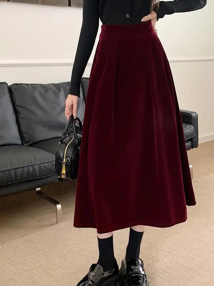 Autumn Winter Warm Vintage Red Elegant Velvet A-line Skirt For Women 2024 High Waist Casual Black Party Pleated Big Swing Skirts.