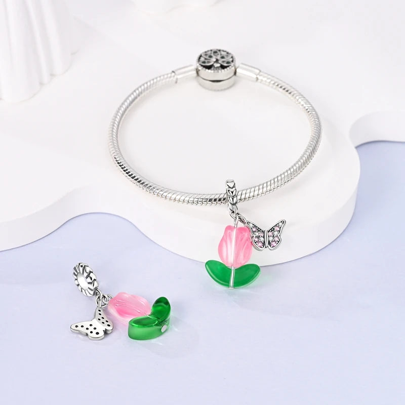 Flowers Series 925 Sterling Silver Sunflowers Tulip Carnation Charms Fit Original Bracelet  For Women Jewelry Making