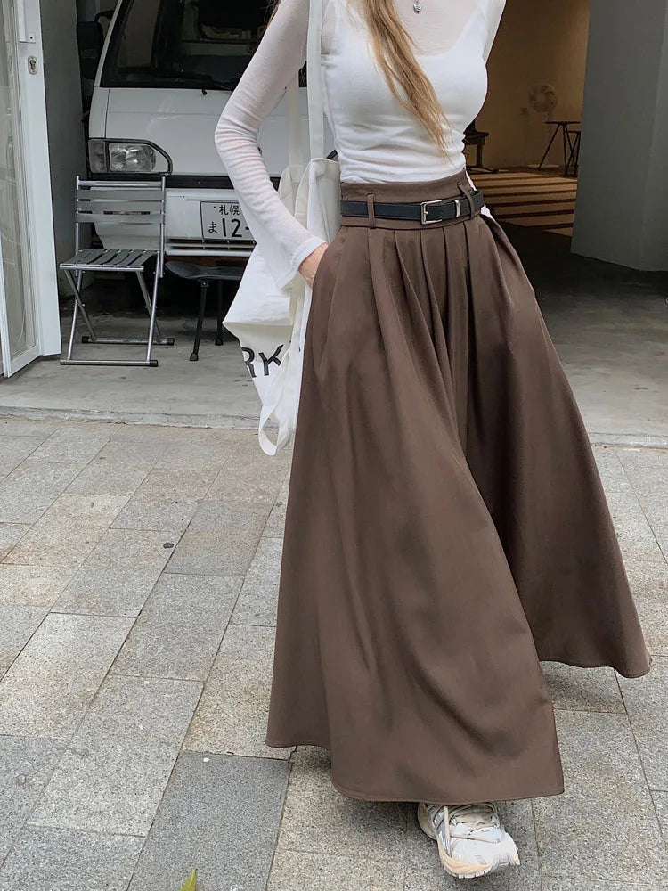 Qiukichonson Grey Midi Long Skirts Womens Maxi Skirt 2023 Autumn Winter Suit Skirt Goth Lolita High Waist Ruffle Pleated Skirts.