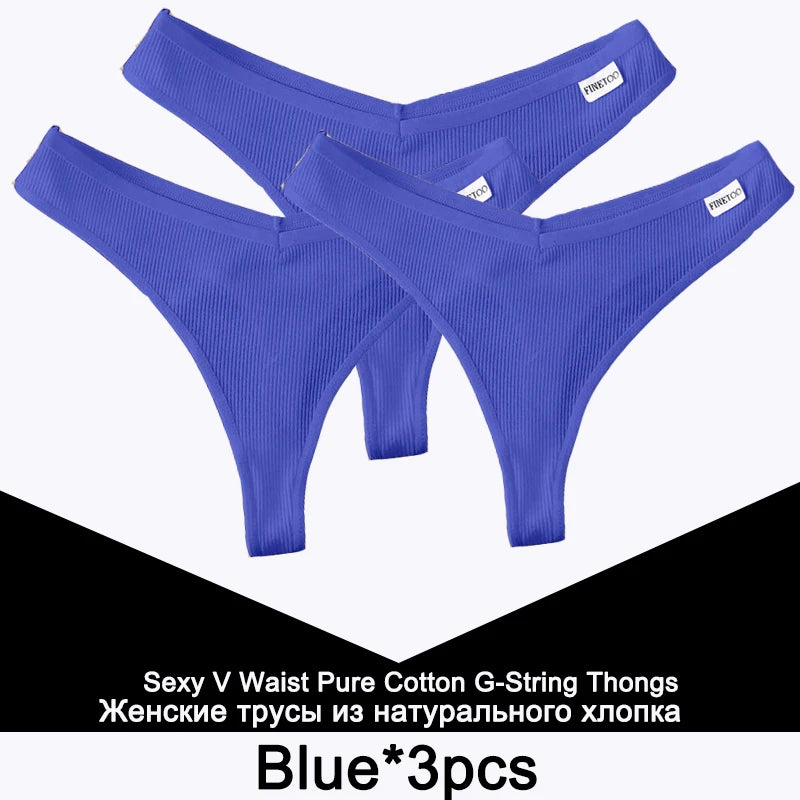FINETOO 3PCS/Set G-string Panties Cotton Women's Underwear Sexy Panty Female Underpants Thong Solid Color Lingerie T-Back Design
