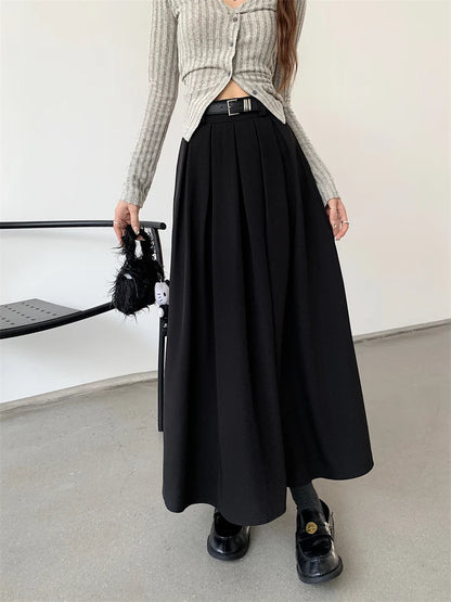 2024 New Korean Skirt Women Solid Color Versatile Mid-length Pleated Skirt Large Swing Type Skirt Female Long Skirts for Women.