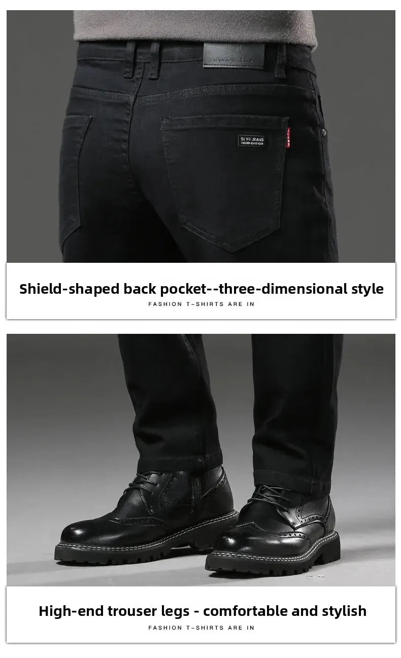 Men's Black Straight Leg Jeans Casual Elastic Business Pants High Waist Slim Fit Long Trousers New 2025 Gray Color