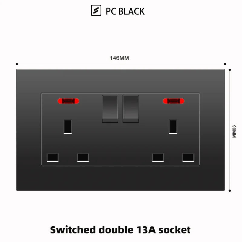 Schwarze UK 13A Wandsteckdose mit USB Typ C 18W Schnelllade-Steckdose, Wandsteckdose mit USB-Ladegerät, Schalter mit Steckdose