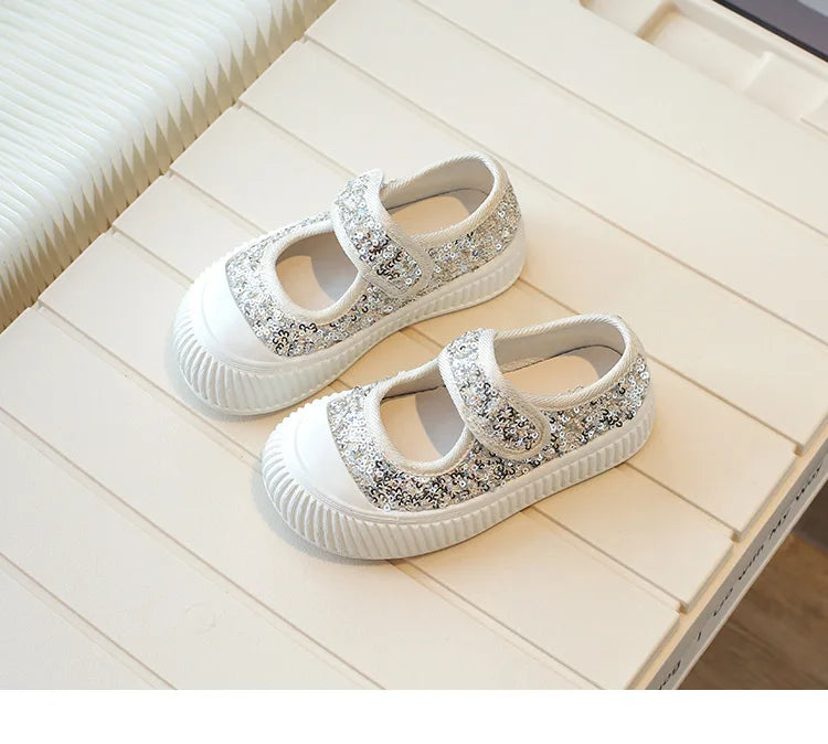 New Girl Princess Canvas Shoes Fashion Luxury Sequins Children Causal Shoes Breathable Kids Glitter Mary Jane Shoes Thick Bottom.
