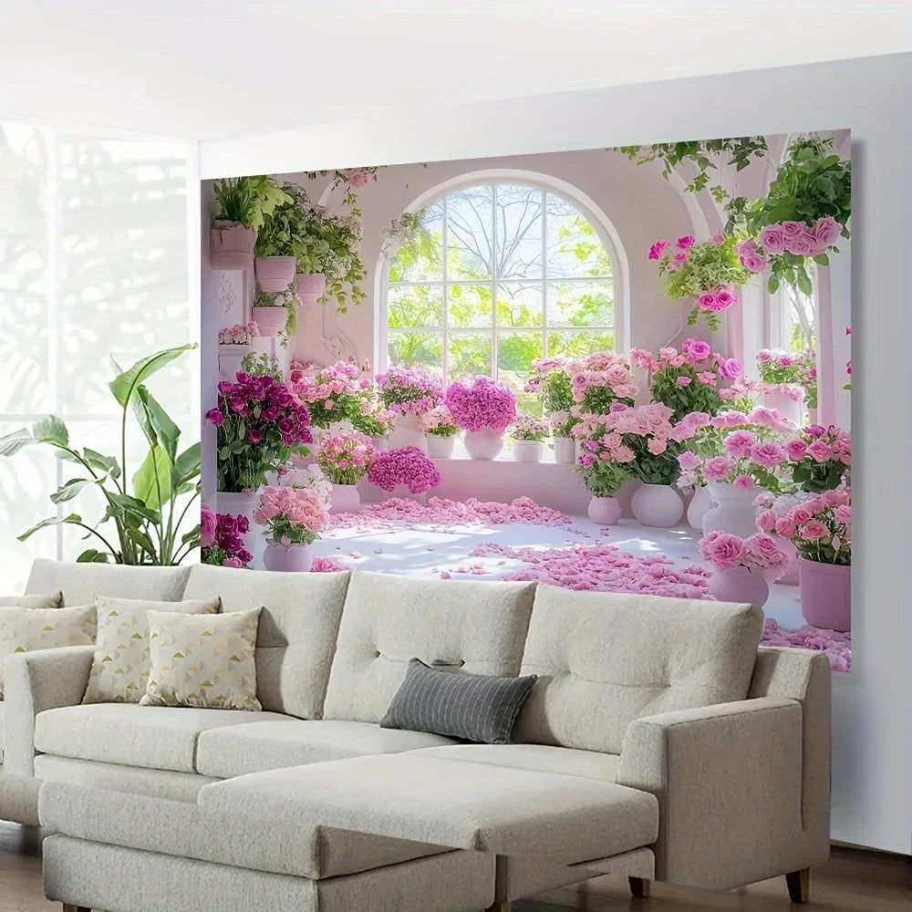 3D Effect Floral Wall Tapestry-pink Flower and Plant Design Multifunctional Room Living Room Decorative Tapestry.