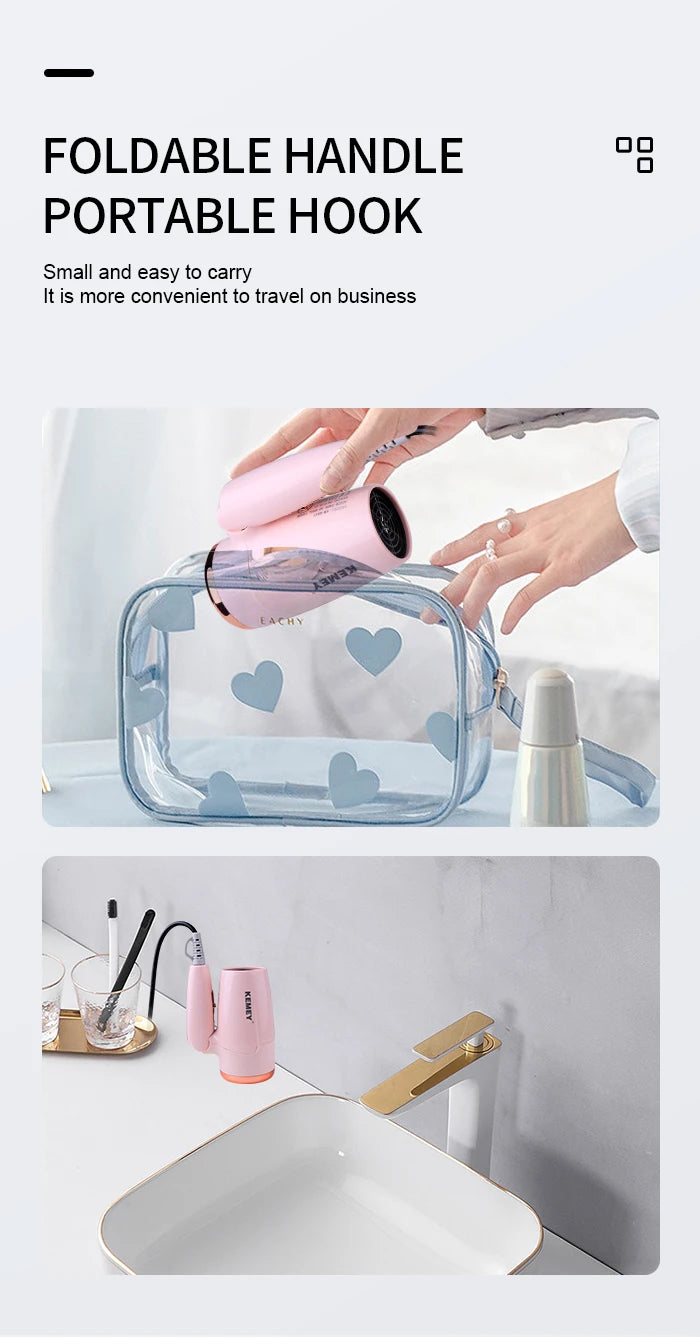 Kemei Portable Handle Compact Hair Dryer Foldable Low Noise Blower Dryer Hot Wind Long Life for Outdoor Travel 950W Student Use