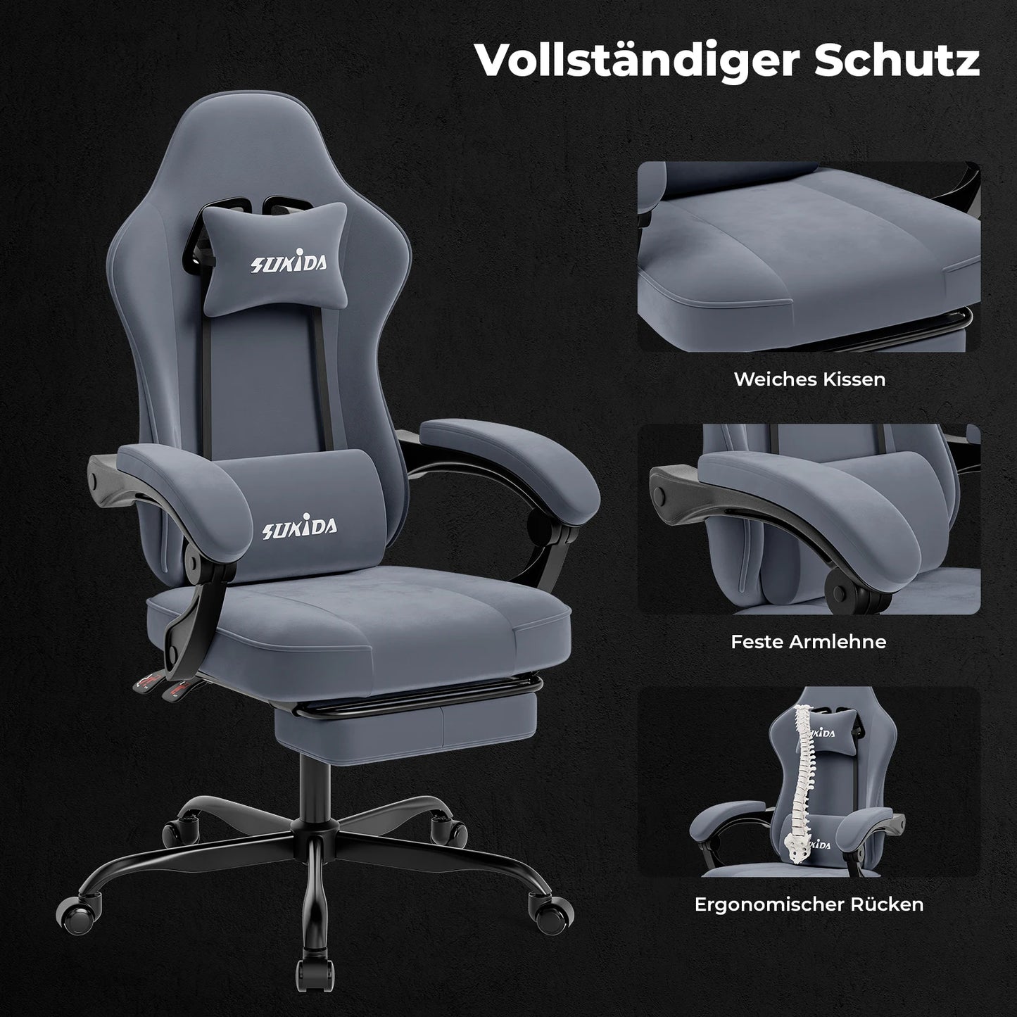 SUKIDA Gaming-Stuhl mit Fußstütze, PC-Stuhl im Racing-Stuhl-Design, ergonomischer Bürostuhl, verstellbar mit Lordosenstütze