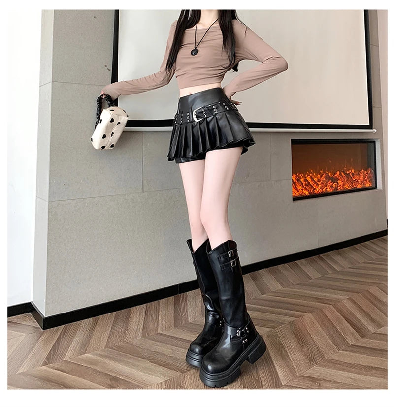 Women's Black Gothic A-line Pleated Leather Skirt Y2k Mini Shorts Skirts Harajuku Korean Emo Skirt 2000s Vintage Clothes Summer.