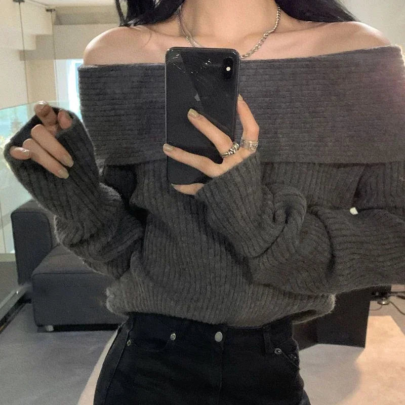 Lucyever Slash Neck Strick pullover Frauen sexy schulter freie Langarm pullover weibliche koreanische elegante verdicken schlanke Pullover Top
