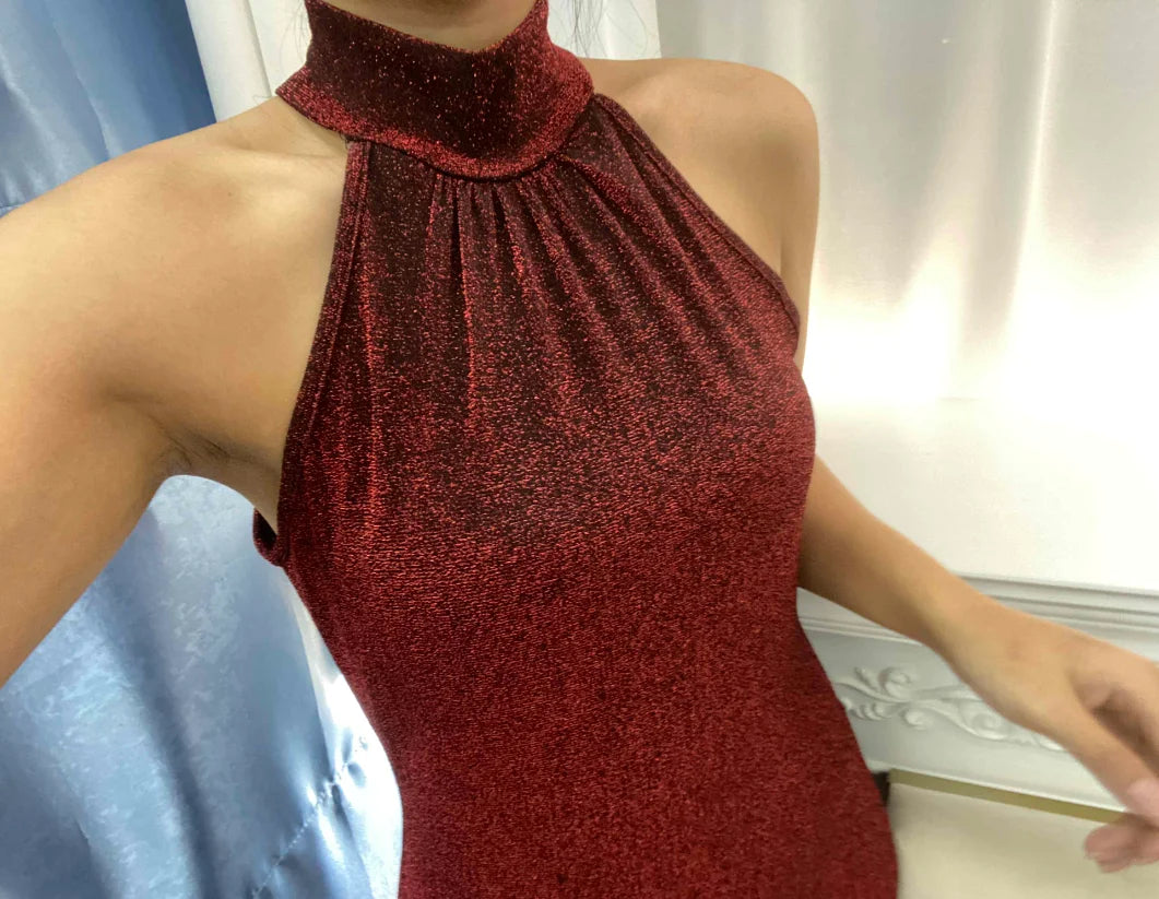 Frauen High Neck Sleeveless Glitter Bodycon Kleid.