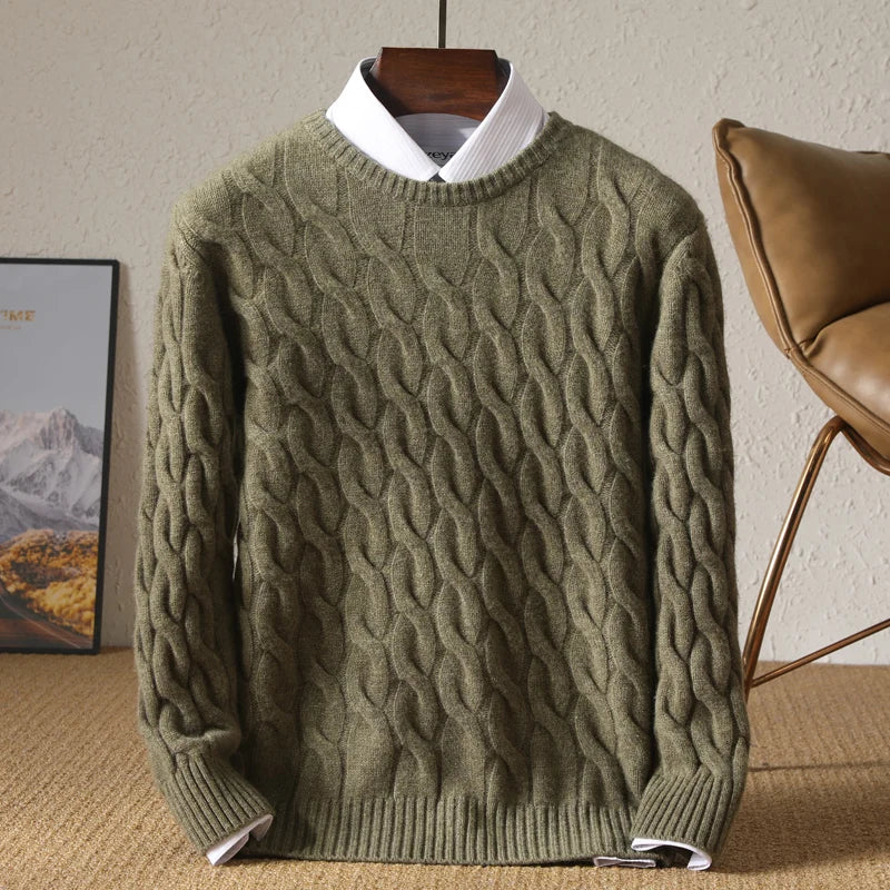 Autumn Winter Thickened Cashmere Sweater 100% Merino Wool Men's Top O-Neck Twisted Pullover Knitted Loose Long Sleeve Sweater