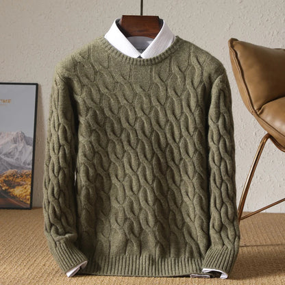 Autumn Winter Thickened Cashmere Sweater 100% Merino Wool Men's Top O-Neck Twisted Pullover Knitted Loose Long Sleeve Sweater