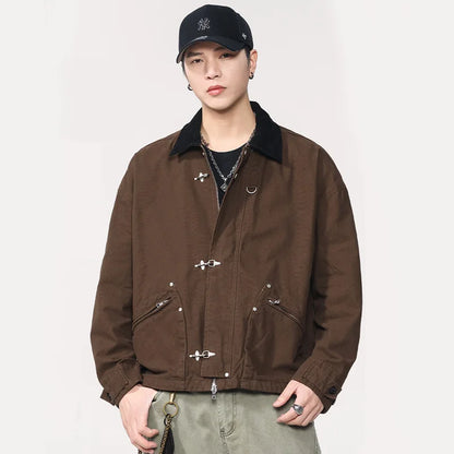 Men Washed Cotton Metal Buckle Streetwear Vintage Loose Casual Short Bomber Cargo Jacket Couple Spring Autumn Coat Outerwear.