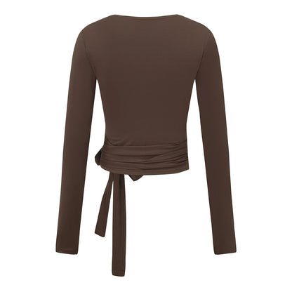 Solid Color Tie-Up Front V-Neck Long Sleeve Bottoming Shirt Women Fitness Yoga T-Shirts Seamless Workout Tops.