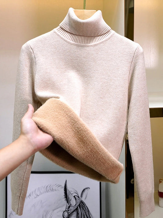 Pullover Für Frauen Winter Verdicken Rollkragen Schlank Stricken Pullover Neue Warme Plüsch Samt Gefüttert Strickwaren Jumper Tops Casual Poleras