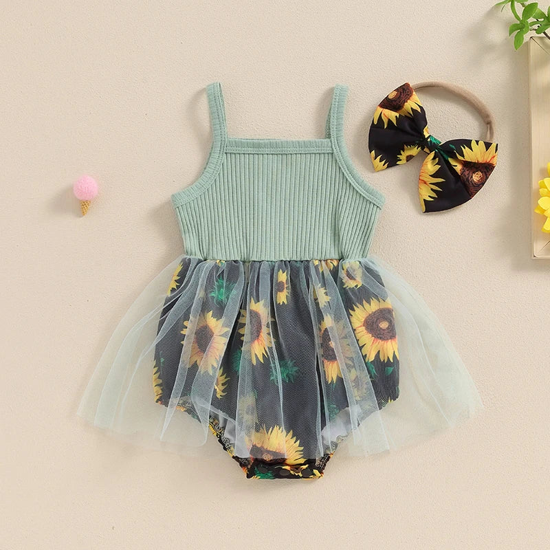 Baby Stram pler Kleid Sonnenblumen Print Spaghetti träger Tüll Rock Saum Baby Body suits Overall Sommerkleid ung mit Stirnband.