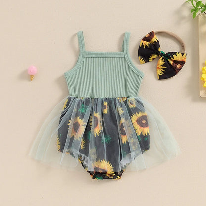Baby Stram pler Kleid Sonnenblumen Print Spaghetti träger Tüll Rock Saum Baby Body suits Overall Sommerkleid ung mit Stirnband.
