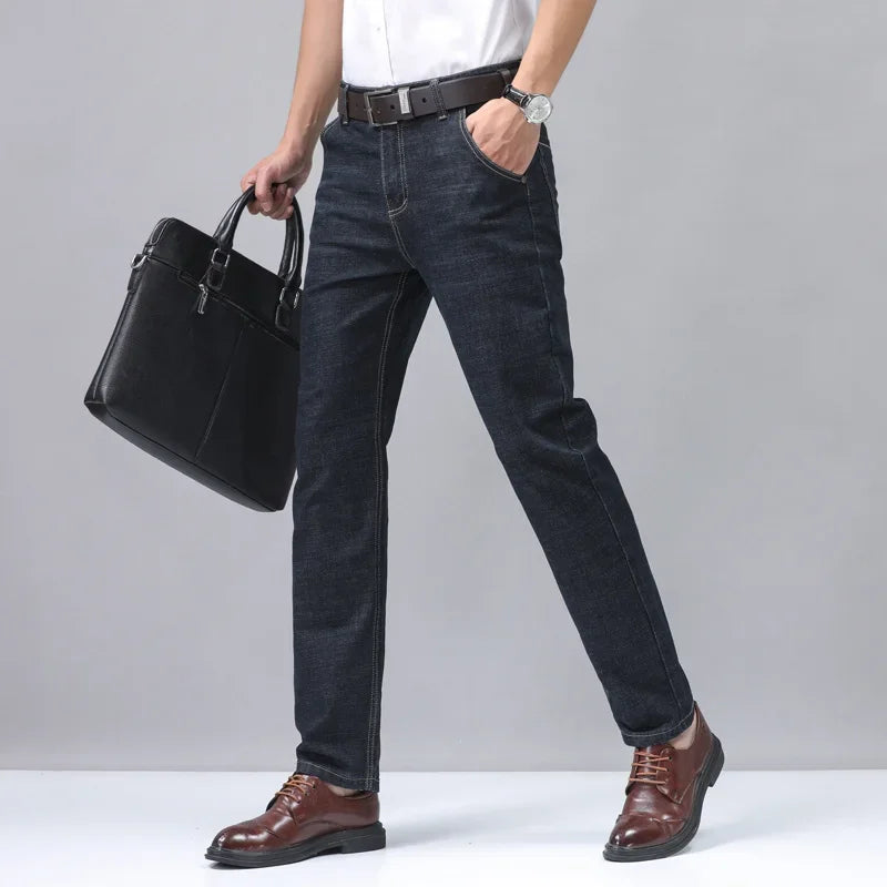 2024 New Brand Men's Fit Straight Lightweight Cotton Stretch Denim Pants Casual Male High Waist Thin Light Blue Business Jeans