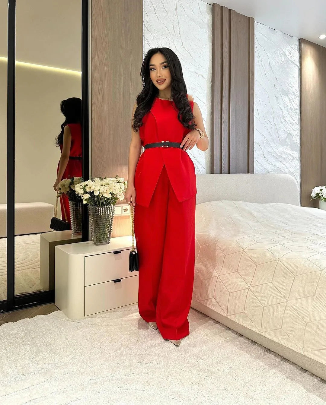 Women Women Piece Set High Waist Pocket Pant Sets Tops Solid Sleeveless Spliced Elegant Round Neck Top Suits Office Lady.