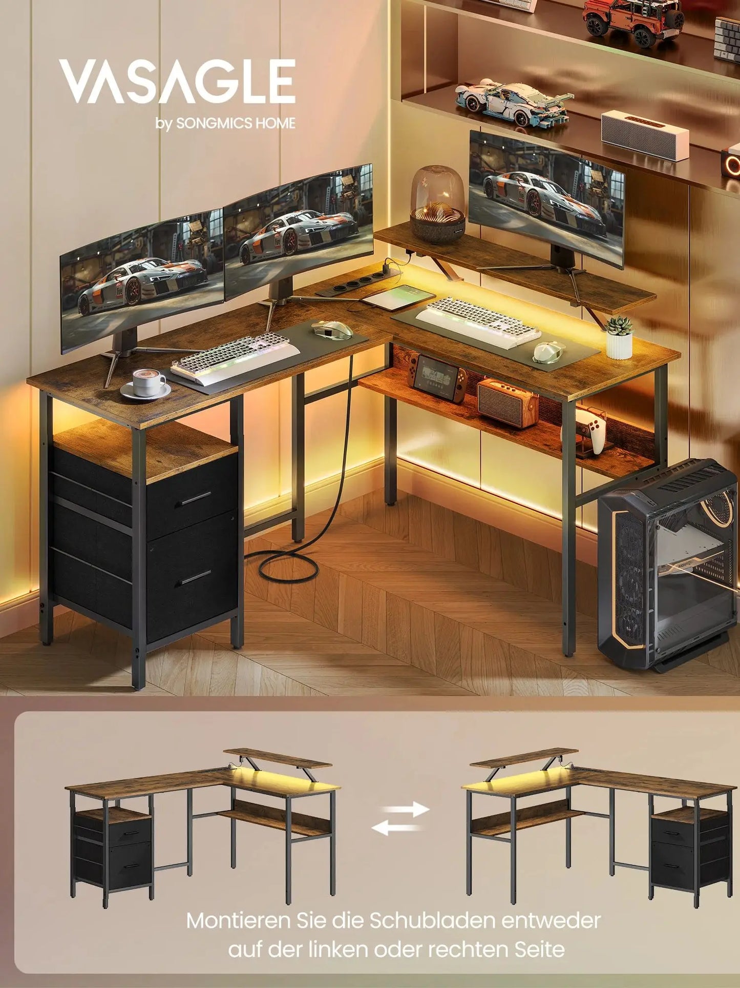 VASAGLE L-förmiger Schreibtisch mit Steckdosen, Eckschreibtisch, Computertisch, Monitorständer, Gaming-Tisch, LED-Beleuchtung