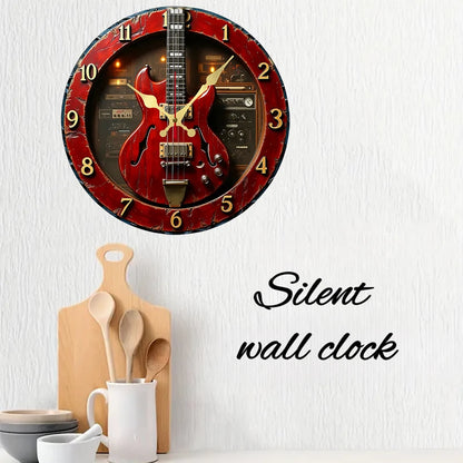 Vintage Gitarren-Wanduhr aus Holz, rund, geräuschlos, zum Aufhängen, geeignet für Wohnzimmer, Büro, Arbeitszimmer, Schlafzimmer, Heimdekoration