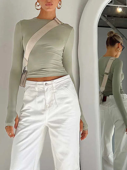 Modisches Damen-T-Shirt mit langen Ärmeln, Rundhalsausschnitt, solides Slim-Fit-Damen-Crop-Top mit Daumenlöchern für den täglichen Streetwear-Sommer-Camis