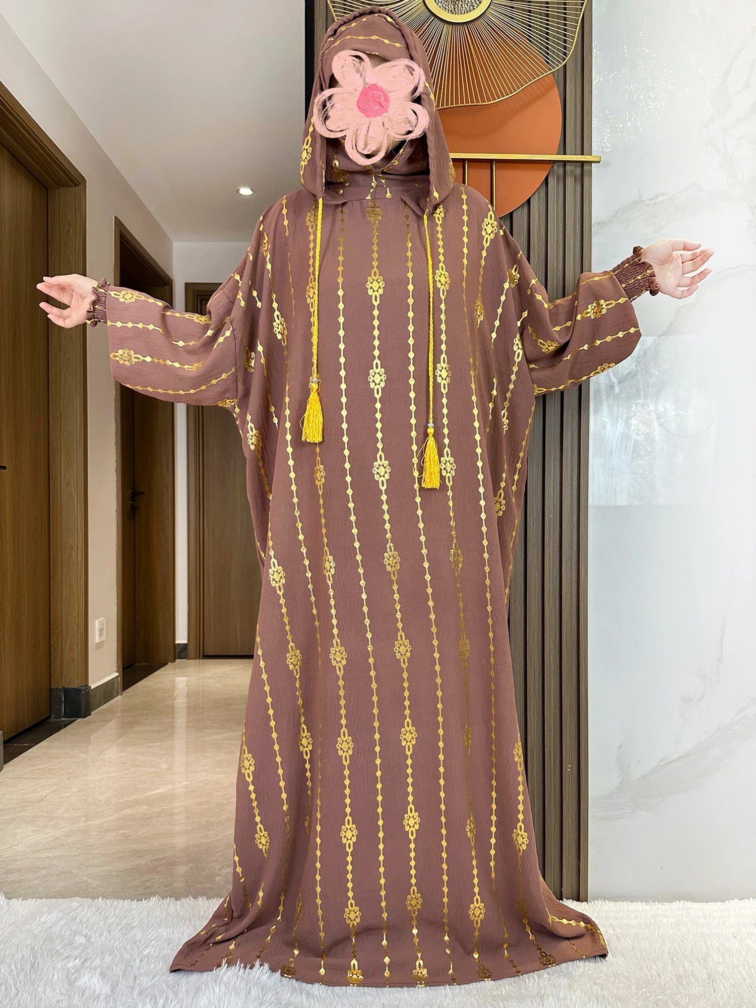 New Cotton Ramadan Muslim Two-Hat Abaya Dubai Turkey Islam Prayer Clothes Gold Dust   Dress Islam Women Dress Kaftan.
