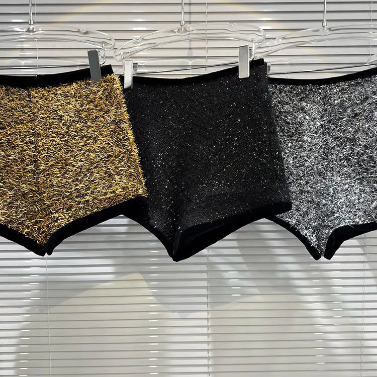 Trendy Women's Solid Color Bright Silk Woolen Shorts 2024 Autumn Fashion New Items High Waist Short Pants Female.