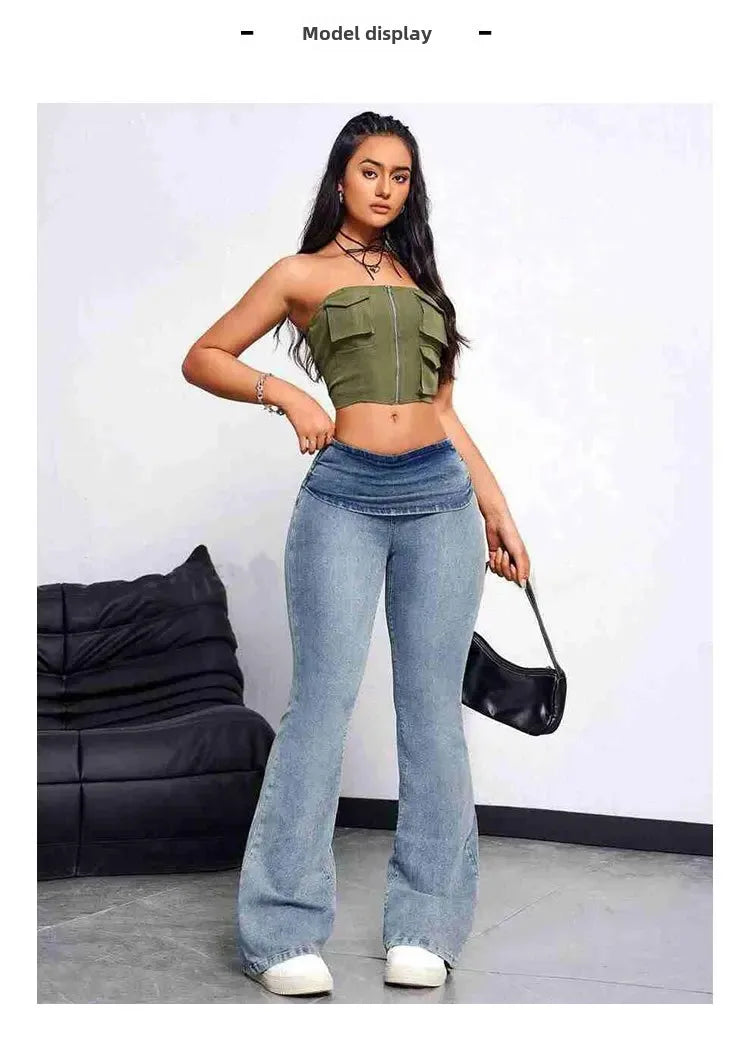 Sexy Peach Hip Jeans Women's Tight Elastic Trousers Slimming Booty Lifting High-Waisted Micro Bell Bottom Pants.