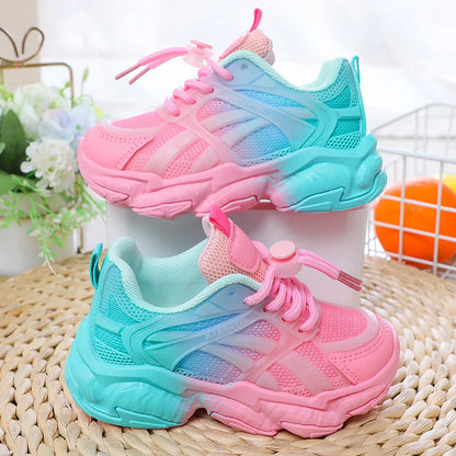 Girls Cute Gradient Mesh Sneakers Low Top Breathable glowing Platform Sports kids Shoes.