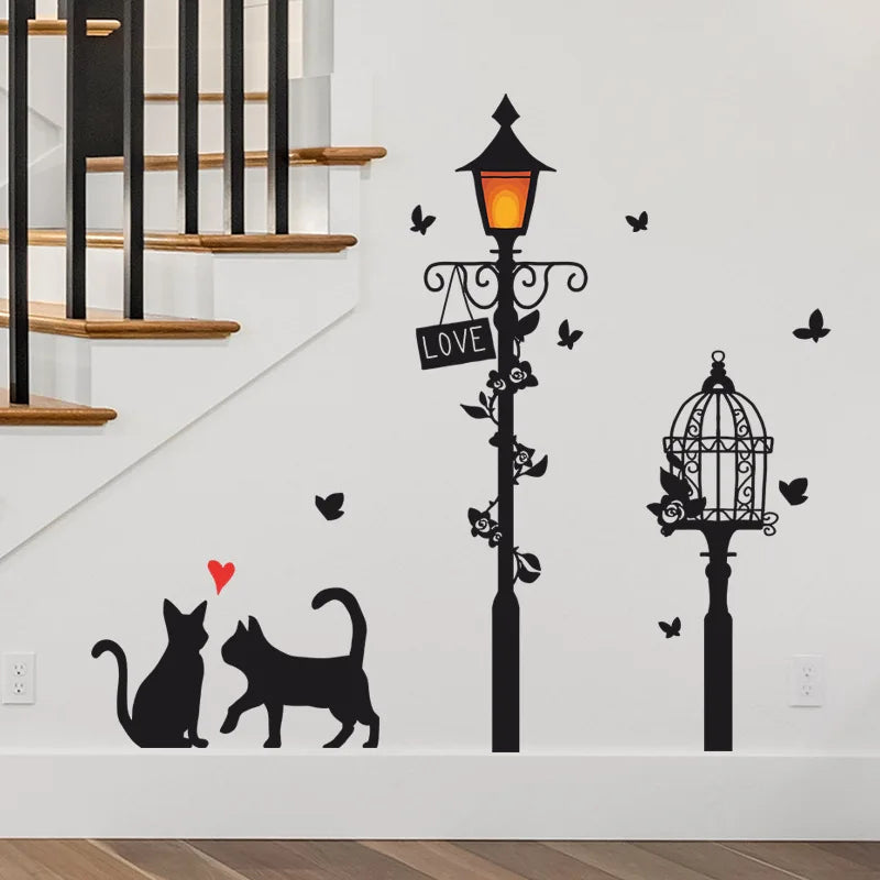Cartoon Street Lamp Cat Wall Sticker Living Room Entrance Background Home Decoration Bedroom Decor Decal Self Adhesive Wallpaper.