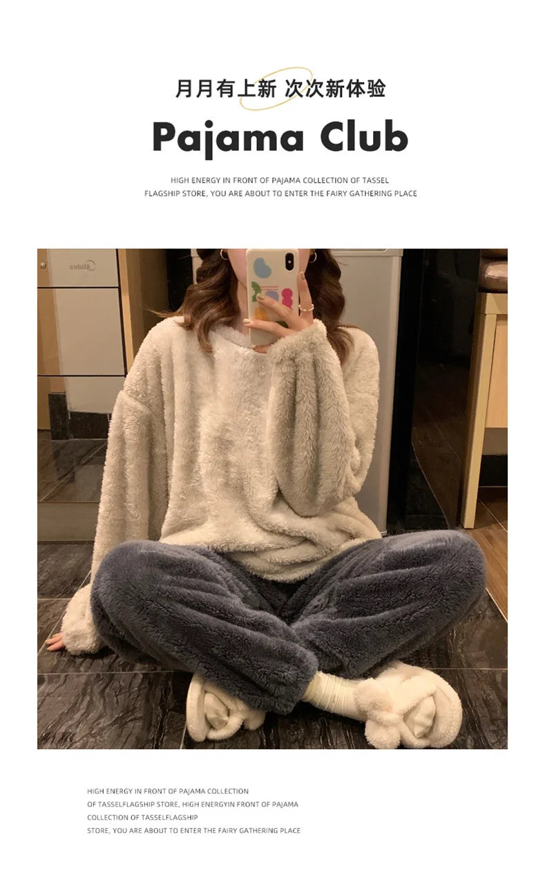 Winter Fleece Women Pajamas Set  Sleepwear Solid Velvet 2 Piece Pant Home Suit Fluffy Casual Warm Flannel Night Wear.