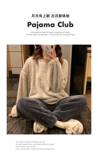 Winter Fleece Women Pajamas Set  Sleepwear Solid Velvet 2 Piece Pant Home Suit Fluffy Casual Warm Flannel Night Wear.