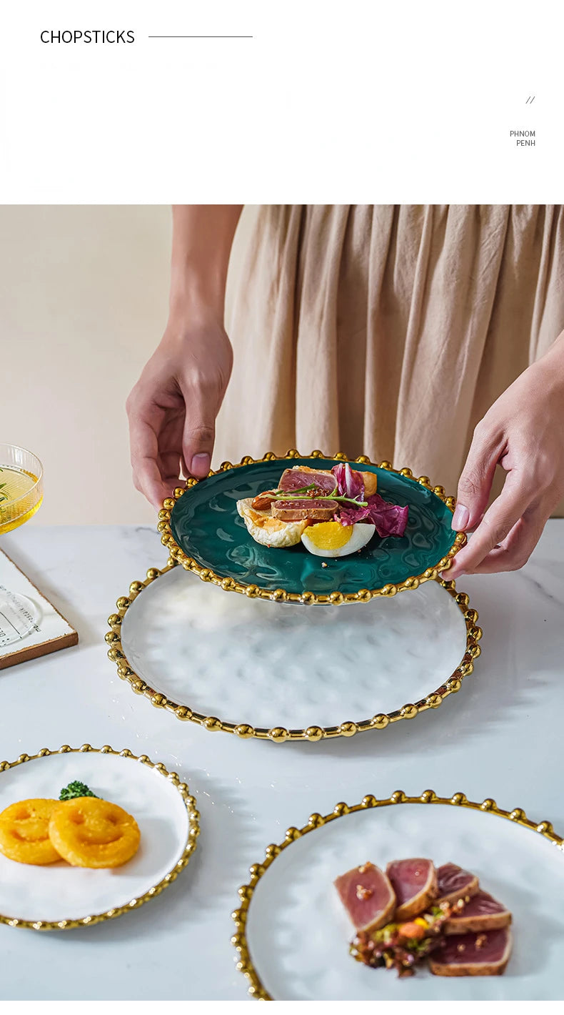 Nordic Ins Style Golden Edge Bead Plate Western Food Steak Plate Home Network Red Dish Creative Tableware Plate Breakfast Salad.