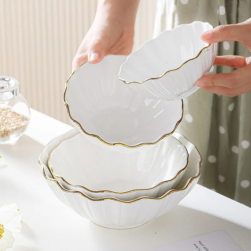 European high-end gold edged ceramic bowl, fruit salad bowl, household breakfast rice noodle bowl, hotel restaurant tableware.