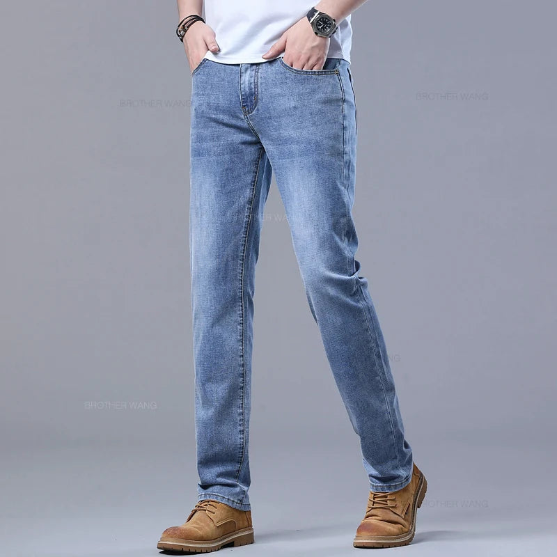 Spring Men's Light Blue Slim Jeans Stylish Casual Stretch Fabric Denim Pants Classic Trousers Smoke Gray.