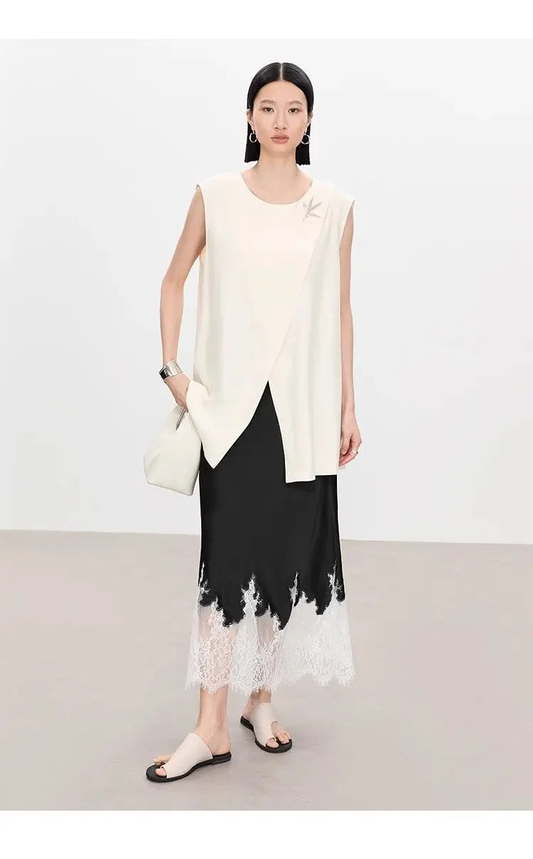 Mia Girl Elegant Satin Long Skirts for Women Oversize Lace Patchwork High Waist A-line Skirt French Style Summer Chic Lady Skirt