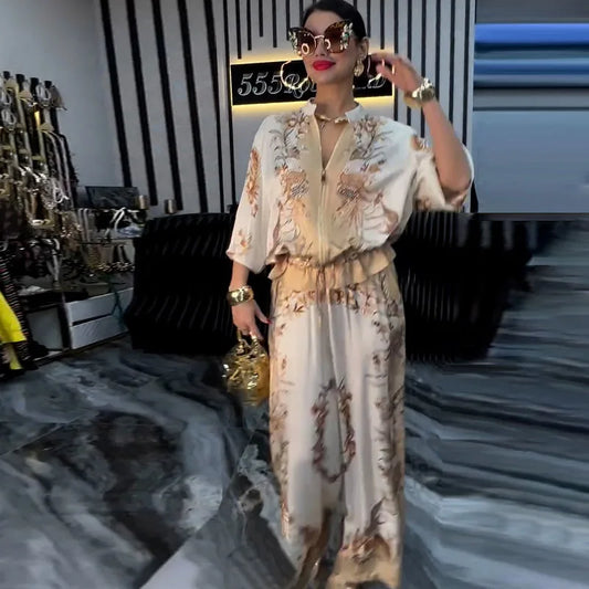 Summer Fashion Print Women's 2-piece Set Flower Zipper Baseball Uniform Drawstring Trousers Two-piece Outfit Elegant Office Suit.