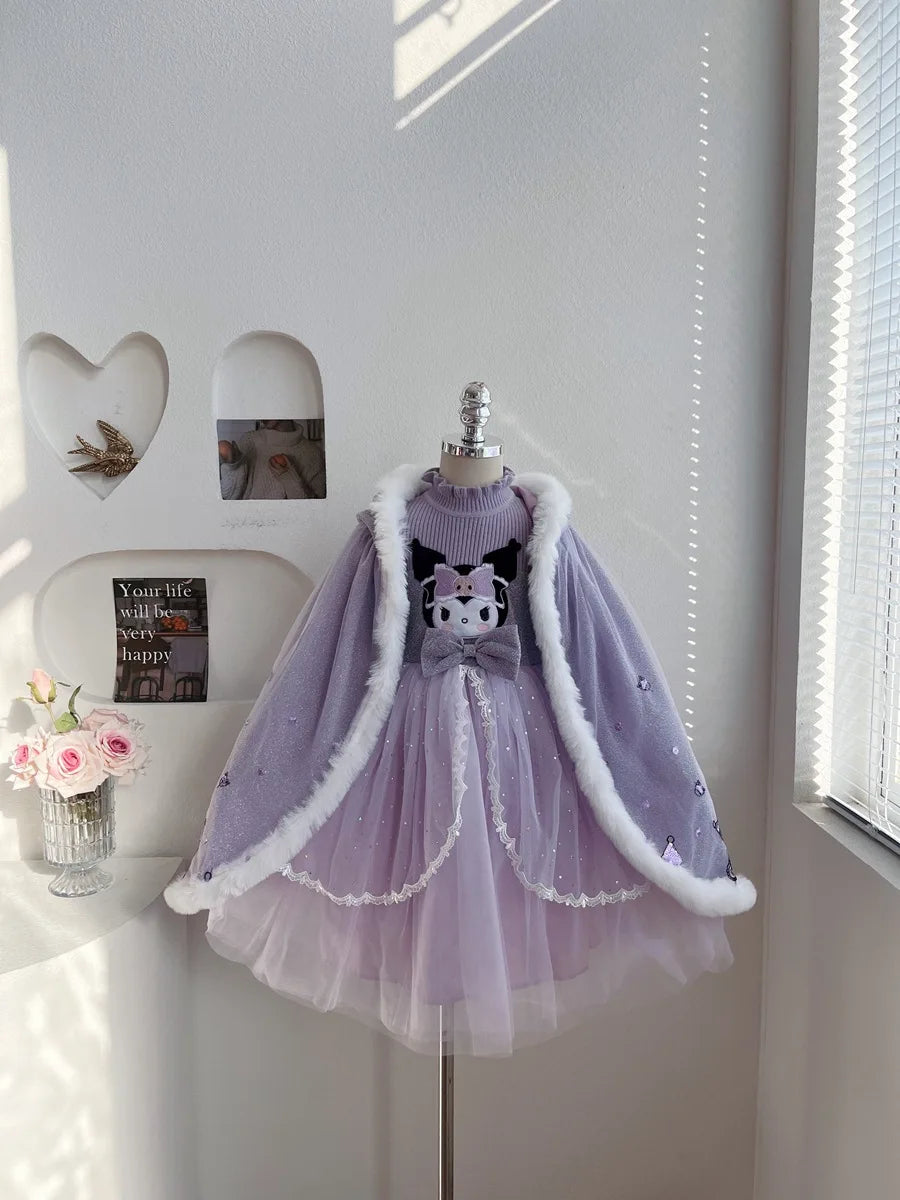 Anime Kuromi Lolita Kleid und Umhang Set Strickpullover Spleißen Mesh Prinzessin Kleid Partykleid Herbst Winter Urlaub Geschenk
