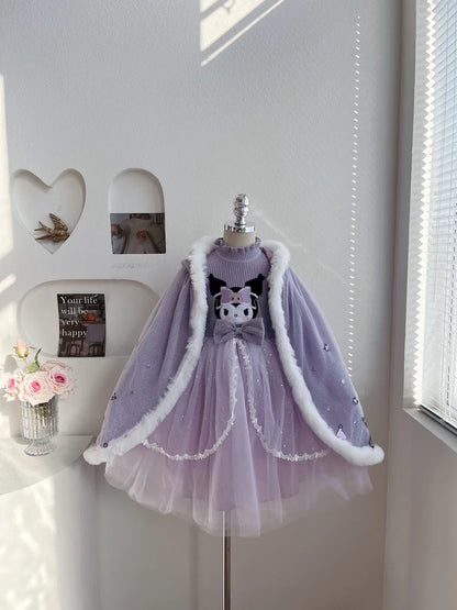 Anime Kuromi Lolita Kleid und Umhang Set Strickpullover Spleißen Mesh Prinzessin Kleid Partykleid Herbst Winter Urlaub Geschenk