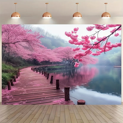 No Installation Needed - Cherry Blossom Floral Tapestry with Pink Sakura Landscape - Easy Hang Wall Decor for Living Room,.