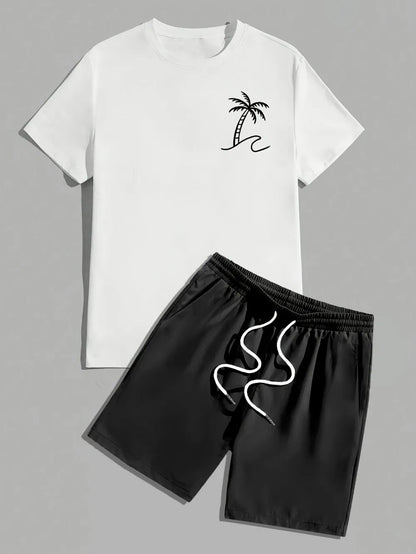 Hot selling men's summer coconut tree print comfortable and breathable round neck T-shirt shorts set outdoor vacation suit.