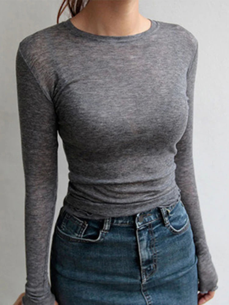 High Quality Plain T Shirt Women  Elastic Basic T-shirts Female Casual Tops Long Sleeve Sexy Thin T-shirt see through.