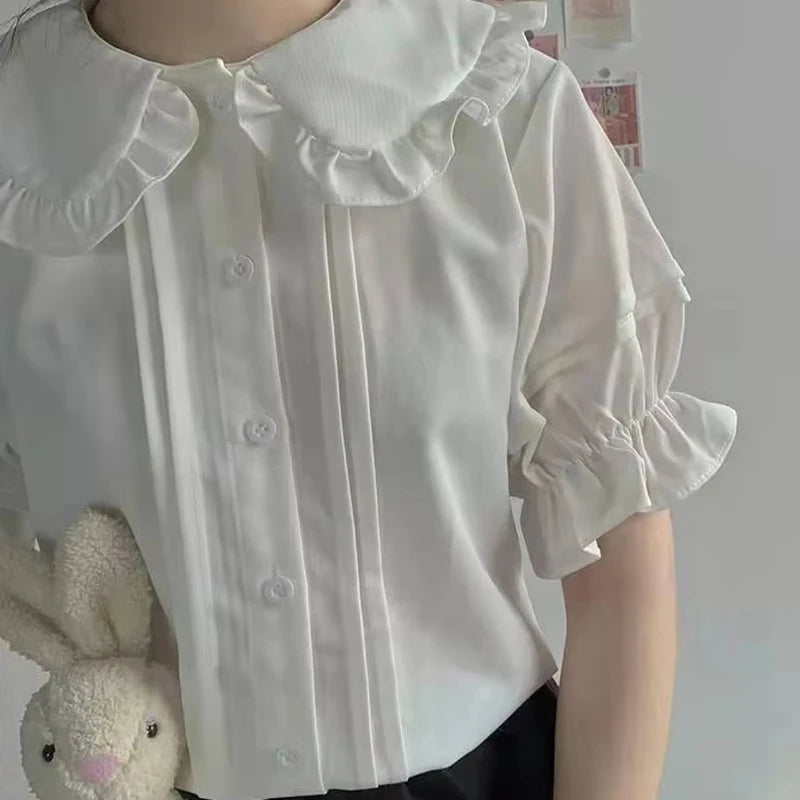 Zoki Japanese Sweet Women Blouses Lolita Style White Kawaii Peter Pan Collar Jk Shirt Cute Preppy Ruffle Puff Short Sleeve Tops.