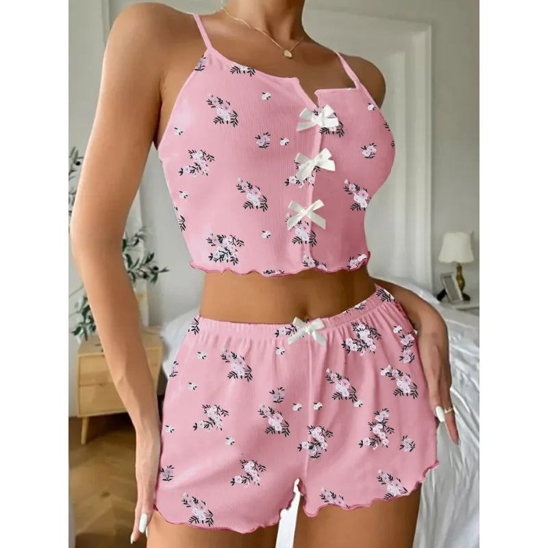 Damen Sexy Pyjamas Herz Wimpern Bedrucktes Pyjama Set V-Ausschnitt Camisole Top Shorts Loungewear.