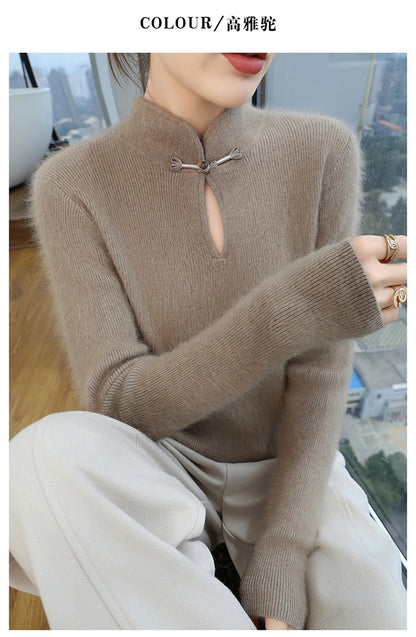 2024 autumn winter new 100% mink cashmere sweater women's pullover slim-fit long sleeve solid color stand collar bottom knitwear