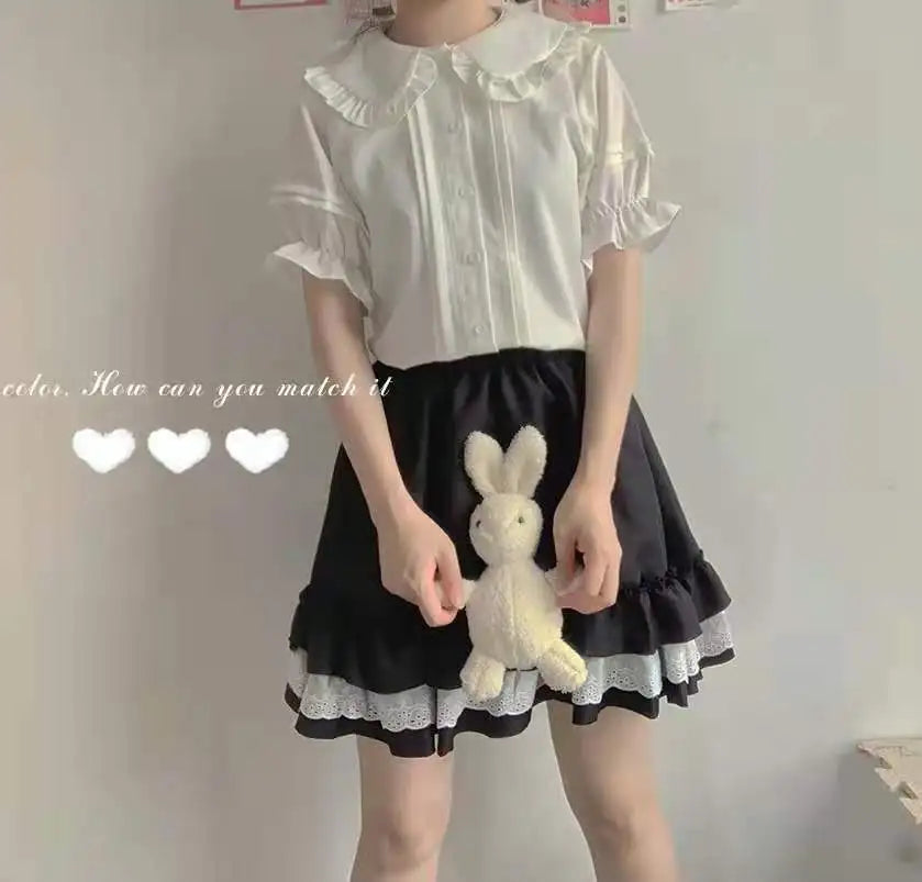 Shirts Women Japanese Style Pure Slim Summer Kawaii Schoolgirl Jk Daily Blusas Short Sleeve Casual Preppy Mujer Peter Pan Collar.