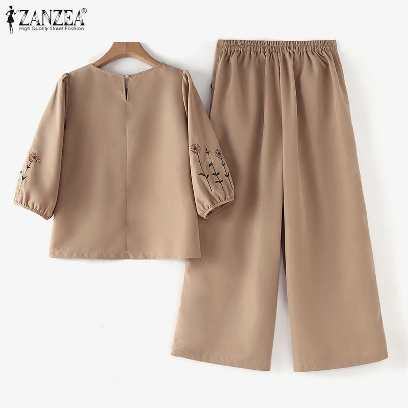 ZANZEA Fashion Women 3/4 Sleeve Embroidery Blouse Pants Sets Autumn 2PCS Floral Tracksuit Casual Loose Wide Leg Trousers Suits.