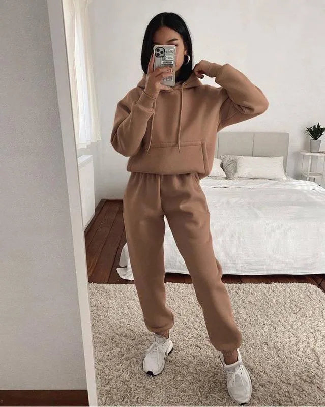 Women's Pocket Long-sleeved Hooded Sweatshirt Casual Set Autumn Winter New Solid Color Loose Sport Long Pants 2 Piece Set Female